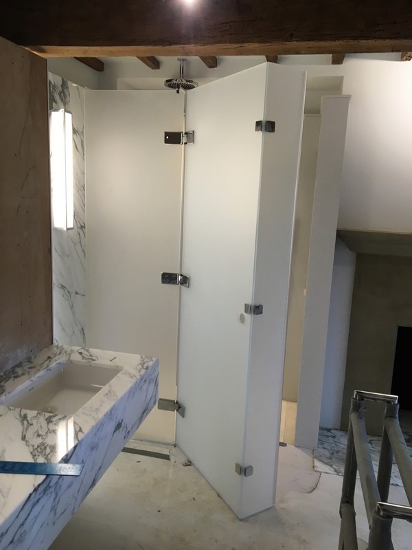 Bespoke frosted glass shower enclosure in East Sheen luxury bathroom